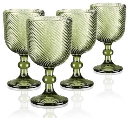 Joeyan 350ml Green Vintage Glass Wine Goblet, Romantic Geometric Ribbed Embossed Drinking Glasses, Heavy Stemmed Wine Glasses for Christmas Party Wedding Table Decor, Set of 4, Dishwasher Safe