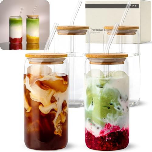 KIVY Bicchiere con Cannuccia e Coperchio [4x 450ml] Acqua, Caffè freddo e Matcha - Set Bicchieri Acqua Vetro - Bicchiere Vetro con Cannuccia - Bicchieri Ghiacciato - Lavabile in Lavastoviglie