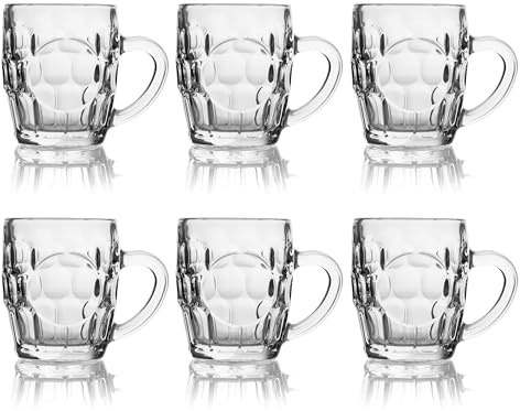 Excelsa Praga - Juego de 6 vasos de cerveza de vidrio soplado, diseño clásico con mango, transparente, 29 cl