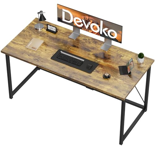 Devoko Schreibtisch 140x60x75 cm | Kleiner Computertisch mit verstellbaren Füßen & Haken | 60 kg Tragkraft, wasserfest | Für Executive Homeoffice | Vintage Braun