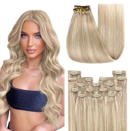 YoungSee Clip in Extensions Blond 35cm Echthaar Extensions Clip Hellblond mit Erdbeerblond Clip in Extensions Echthaar Highlight Clip Echthaar Extensions Clip in Haarverlangerung Echthaar 120g