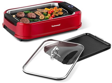 Indoor Smokeless Grill, Techwood 1500W Electric Indoor Grill with Tempered Glass Lid, Portable Non-stick Korean BBQ, Turbo Smoke Extractor Technology, Drip Tray& Double Removable Plate, Red