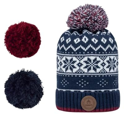 CABAIA - Bonnet Femme et Homme en Coton Bio avec 3 Pompons Interchangeables - Design Français - Systéme aimantée pour Un Ajustement Adapté - Collection Hiver - Modele Bloody Mary Bleu Marine