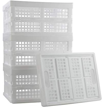 Asking Set of 4 Plastic Collapsible Storage Basket, 15 L Stacking Folding Storage Crate, White