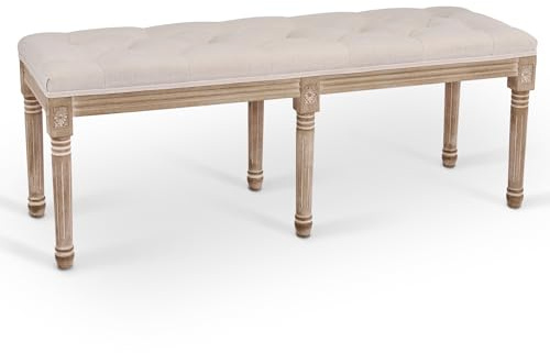 VONLUCE Panca Fondoletto Imbottita con Gambe in Legno di Gomma - Ottomana Rustica Vintage Shabby Chic per Ingresso, Corridoio, Soggiorno (Beige-122X42.5CM)