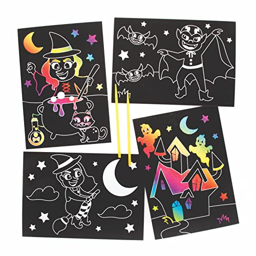 Baker Ross FE766 Halloween Scratch Art Pictures - Pack of 8, Arts and Crafts for Kids, Engraving Art for Children, Halloween Kids Activities