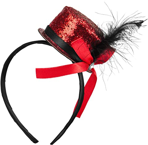 Balinco Mini Zylinder hut Haarreif für Damen & Herren – Glitzer Partyhut, Unisex Halloween, Karneval, Fasching, Silvester & Kostüm-Accessoire, Rot