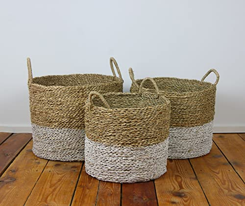 Lycce Wäschekorb mit Henkel | Korb geflochten aus Seegras | Wäschesammler, Aufbewahrungskorb für Spielzeug, Korb für Geschenke, Badezimmer Organizer | beige & weiß | Gr. 2 (Ø 40 x H 33 cm)