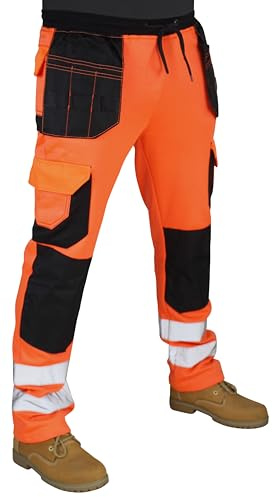 Pantalones de trabajo de forro polar de alta visibilidad para hombre, con bolsillos y cinta reflectante, pantalones de trabajo, Naranja-1, XL