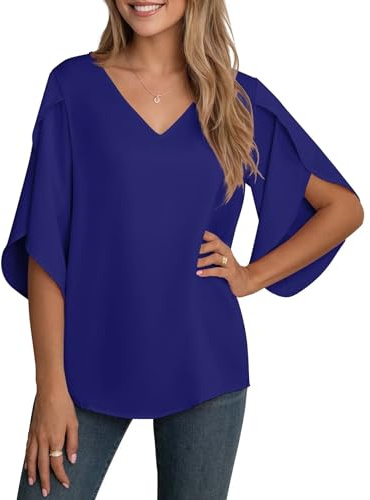 YGJIEGENG Blusa De Verano Mujer Camisa Elegantes de Manga 3/4 con Cuello en V Casual Chiffon Manga Corta Azul Marino L