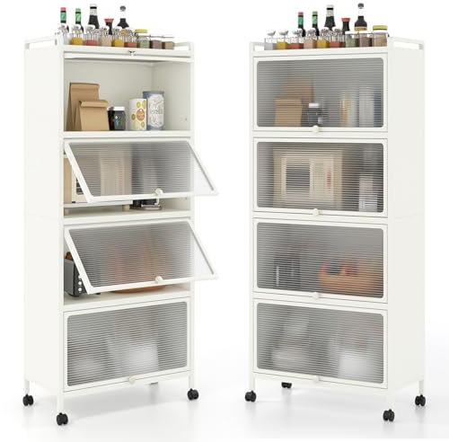 GOPLUS Küchenregal auf Rollen, Küchenschrank mit 5 Ebenen, Aufbewahrungsregal mit Tür, Standregal aus Metall für Wohnzimmer, Küche, Esszimmer, 60x32x154 cm (Weiß)