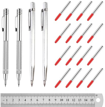 Pilikoll 4 Pièce Stylo en Carbure de Tungstène avec 16 Pointes à Tracer de Rechange,Règle en Acier Pointe à Tracer Metal Stylos à Tracer En Carbure De Tungstène avec Aimant pour Tôle,Céramique,Verre