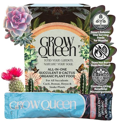 Grow Queen Complete Organic Cactus & Succulent Fertilizer, Succulent Plant Food & Cactus Food, Bonsai, Snake Plant Fertilizer, 11 Servings Fast & Slow Release Feeds up to 44 Plants 8 Months