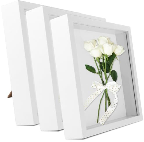 CYEER Lot de 3 Cadres Vitrine 20x20 cm – Cadre Objet 3D avec 3 cm de Profondeur à Remplir – Boîte à Souvenirs Blanche pour Fleurs Séchées, Photos & Déco Murale – Support à Poser ou Accrocher