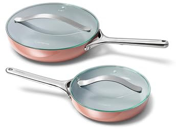 Caraway Ceramic Fry Pan Duo with Glass Lids - Non-Stick Frying Pans (10.5” & 8”) - Non Toxic, PTFE & PFOA Free - Oven Safe & Compatible with All Stovetops – Perracotta