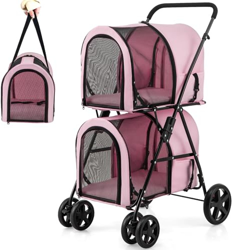 Giantex Double Pet Stroller with 2 Detachable Carrier Bags, Safety Belt, 4 Lockable Wheels, Folding Cat & Dog Stroller for Small Medium Pets, Cats Dogs Puppy Travel Strolling Cart (Pink)