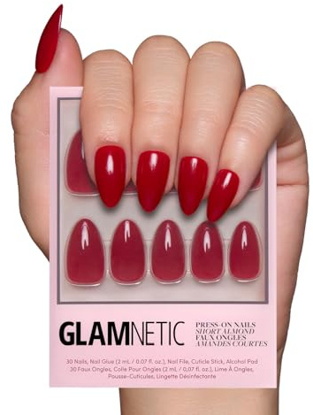 Glamnetic Press On Nails - Classic Red | Opaque Cool Tone, Timeless Red Short Almond Fake Nails, Salon Quality | 15 Sizes - 30 Nail Kit with Glue