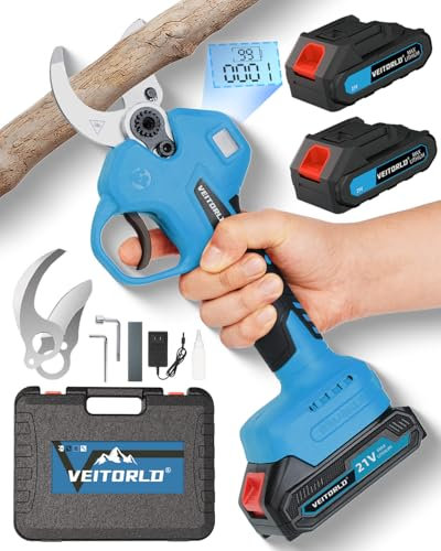 Veitorld Battery Lopper, 40 mm Brushless Motor Secateurs with Battery 2 x 2000 mAh, Electric Garden Bypass Scissors for Branches, Fruit Tree, Reinforced Protection