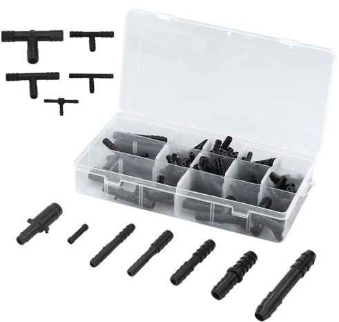125 Pezzi Nero Connettori T con 12 misure e Scatola,Connettori Tubi Auto, Connettori Tubi Flessibili,Connettori spinati irrigazione Goccia,Kit Raccordi Tubi Irrigazione,per Tubi