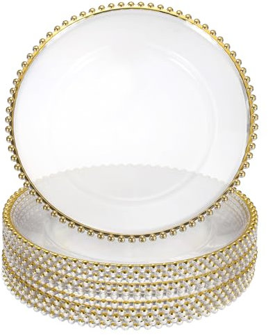 sourcing map Lot de 12 assiettes de présentation rondes en plastique transparent de 33 cm avec bordure perlée pour fête de mariage, événement, décoration de table, doré