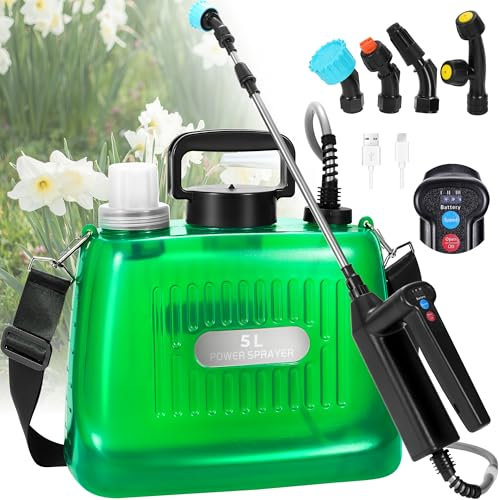 DOUBFIVSY 5L Pulverizador Eléctrico para Plantas, Pulverizador Jardín con 4 Boquillas, Indicador de Nivel de Batería, 3 Velocidad Ajustable, Pulverizadores a Presión a Batería Recargable (5L)