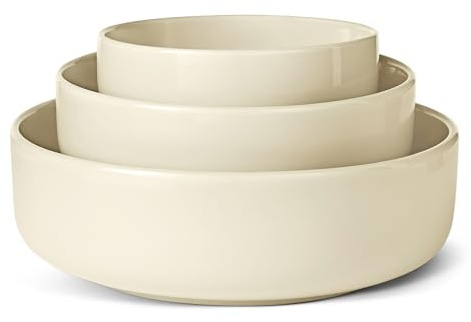 Amazon Basics Cuencos para Servir de Gres Esmaltado, Juego de 3 Piezas, Aptos para Lavavajillas, Marfil