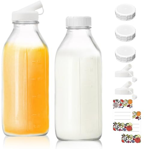 LUPATDY Juego de 2 Botes Cristal 1 Litro, Botellas de Cristal con Tapa, Botella con Boquilla de Silicona, Botella de Vidrio para Jugo,Jugo de Jengibre,Wellness Shot