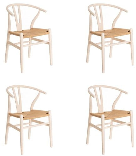 LOLAhome - Pack de 4 sillas de Comedor Ming de Madera de Olmo Color Blanco con Asiento de Cuerda de Fibra de Papel en Tono Natural