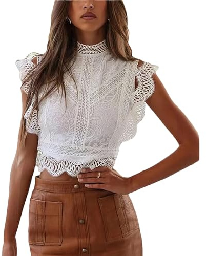 aromm Mujeres Sin Mangas Verano Camisa de Encaje Sexy Semi Transparente Floral Blusas Blanco, XL