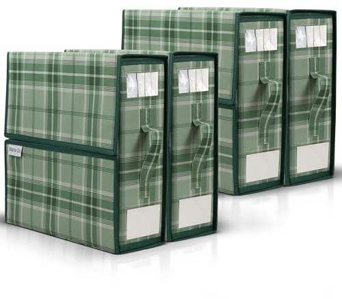 Mama Gs Bed Sheet Organizer Set of 4 – Plaid Sheet Storage 15x12x4 – Foldable Bedsheet Holders with Zipper, Window – Closet Organizer for Bedding Storage, Pillows, Duvets, Linen – Green