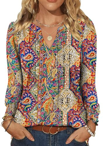Blusas de manga larga para mujer de Rapbin, tops elegantes y casuales con cuello en V, blusas plisadas, elegantes túnicas, tops para damas para usar con leggings, Boho., L