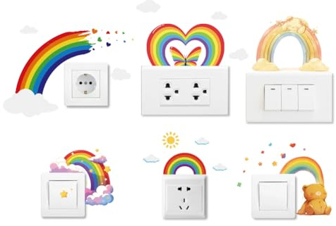 AHANDMAKER 6 Art Arc-en-ciel Autocollants Muraux pour Interrupteur avec Nuages Papillons Et Ours De Dessin Animé Pour Interrupteur Plafonds Et Barre Murale Chambre Salon