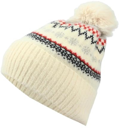 Puramala Bonnet d'hiver unisexe avec pompon - Bonnet tricoté avec motif norvégien et enveloppe - Bonnet chaud pour homme et femme, Style_f05 Beige, taille unique