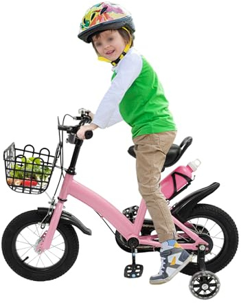 GIDRLL Kinderfahrrad 12 Zoll Fahrrad Kinder ab 2-3 Jahre Jungen & Mädchen Kinder Fahrrad Höhenverstellbar mit Abnehmbare Stützräder, Aufbewahrungskorb, Wasserflasche & Kettenabdeckung (Rosa)