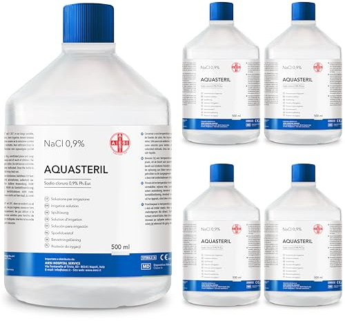 AIESI® Soluzione fisiologica salina (5x500 ml) per lavaggi nasali, aerosol e irrigazione con tappo richiudibile AQUASTERIL, Sodio cloruro 0,9% per cassetta pronto soccorso