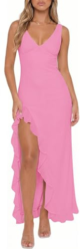 Xiaoliny Vestito Donna Elegante Senza Maniche Scollo a V Maxi Abito con Volant e Spacco Estivo Vestiti Lungo in Rete Sexy Aderente Abiti Schiena Scoperta per Cerimonia Casual Festa Matrimonio