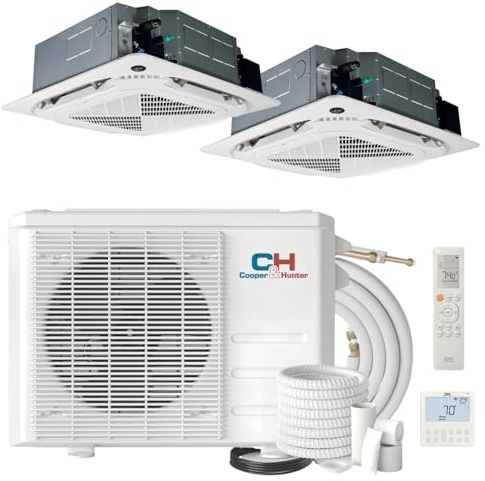Cooper&Hunter 28,000 BTU Multi Zone, Dual 12,000 + 18,000 BTU Ductless Mini Split Ceiling Cassette Air Conditioner Heat Pump including 25ft Installation Kits