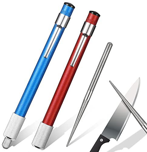 2 Pieces Diamond Retractable Knife Sharpener Steel Sharpening Rod for Kitchen Outdoor Serrated Stick Tools (Sky Blue, Red)