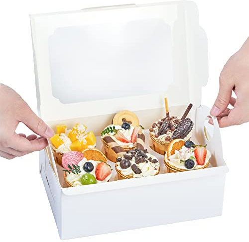 UnicoPak 20 Pack Tall White Cupcake Boxes with Handle Tray, Large Cupcake Boxes 6 Hole, Muffin Boxes for Standard or High Creams Jumbo Cupcakes 25.5x17.5x10 cm