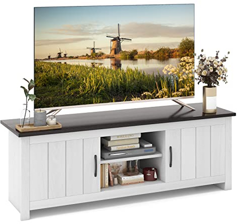 COSTWAY TV Schrank, Lowboard mit 2 Türen und offenen Regalen, TV Ständer für Fernseher bis 65 Zoll, Fernsehtisch, Fernsehschrank für Wohnzimmer, Schlafzimmer, 145 x 40 x 50 cm (Weiß + Braun)