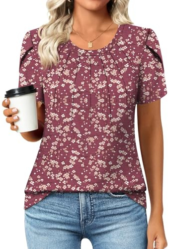 Anyhold Womens Tops Dressy Casual Summer Short Sleeve Blouse Dress Shirt X-Large, Crimson Plum Blossom
