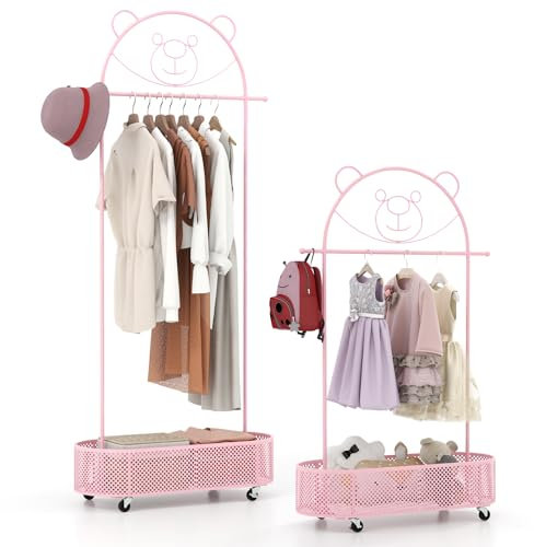 COSTWAY Clothes Rail on Wheels, 130/150/182cm Garment Rack Clothes Stand with Single Rail & Basket, Heavy Duty Clothing Rack Coat Hanger Storage Organiser Unit for Bedroom Hallway Kids Room (Pink)