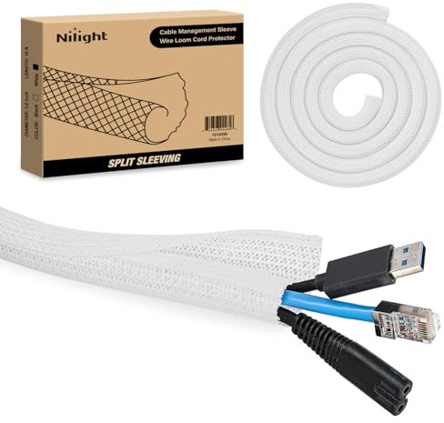 Nilight Cable Sleeve, 10ft-1/2inch Cord Management Sleeves White Wire Loom