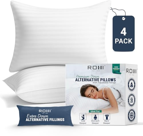 Rohi Satin Striped Hotel Quality Pillows 4 Pack - Adjustable Firmness & Comfort with Extra Microfibre Filling - Ideal for All Sleep Positions - Feels Like Down Pillows Pack of 4 - (75cm x 50cm)