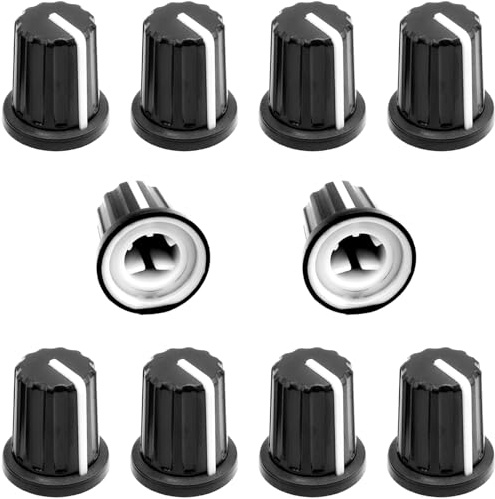 10Pcs 6mm D Type Potentiometer Control Knobs, Plastic Volume Audio Mixer Bass Tone Rotary Knob, for Encoder Electric Guitar Speaker Board DJ Controller Console Control Knob Replacement,Black,16 x 18mm