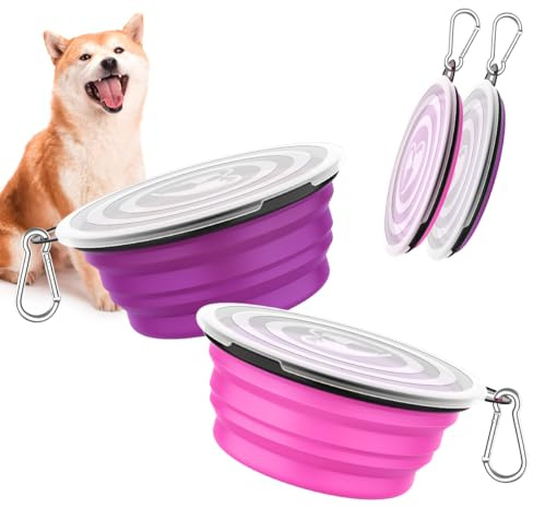 Pawaboo [2PZS Cuencos de Viaje de Silicona con Tapas para Perros Gatos con 450ml de Capacidad, Alimentador de Agua Plegable Portátil, Tazones para Mascotas de Uso Doméstico, Rosa + Violeta