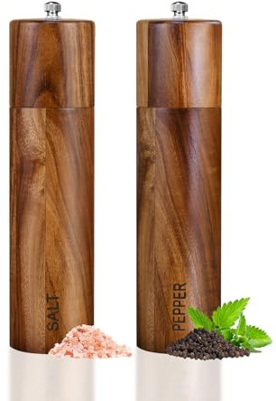Haomacro Salt and Pepper Grinder Set of 2,8Inch Updated Wooden Pepper Mill Shaker,Modern Oak Wood Salt Mill Pepper Grinder Set Refillable with Adjustable Ceramic Rotor (Light Brown)