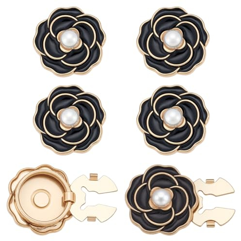 CRAFTMELODY 6Pcs Boutons de Manchette Fleur Alliage Noir Boutons de Manchette Fleur de Camélia Couvre avec Perle Décoratifs Clips Couvre Camélia