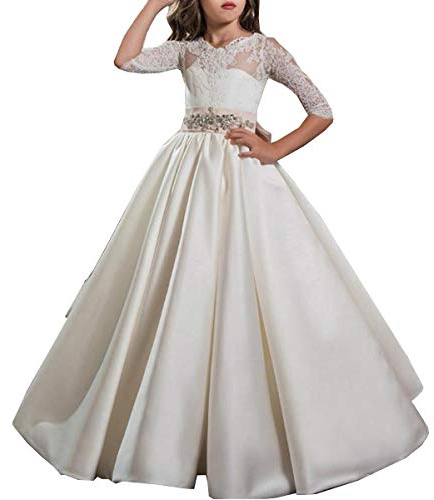 Hongyangjing Vestido blanco de niña de las flores con lazo de encaje de satén, espalda con abertura tipo ojo de cerradura, manga media, vestidos de comunión, blanco, 11-12 años