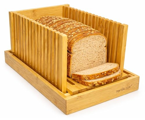TOPVALEUR Foldable Bamboo Bread Slicers for Homemade Bread, Bread Cutter, Wooden Bread Cutting Board, Cutting Knife Guide for Cakes, Bagels & Loaves, Foldable Compact